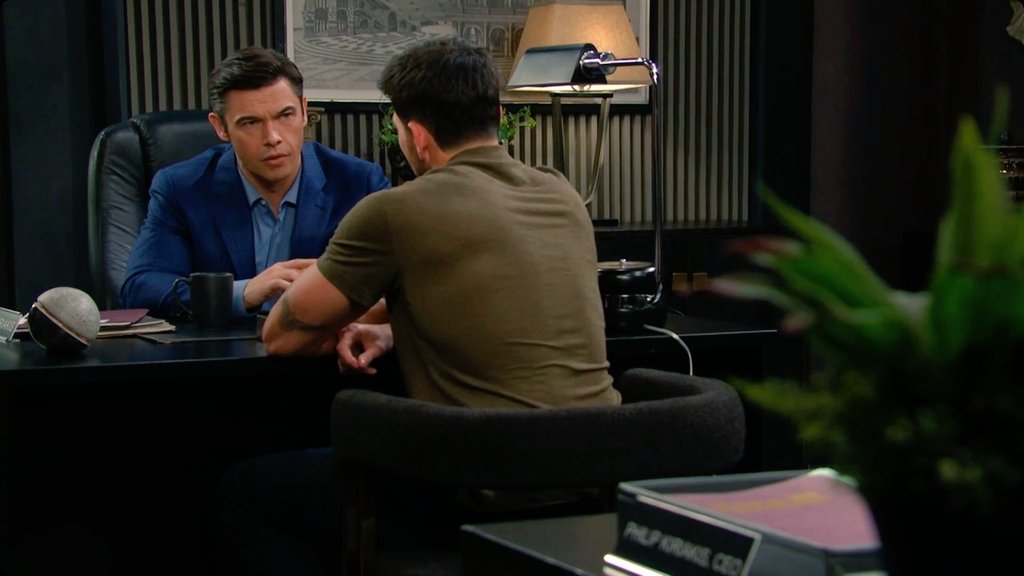 brianne1017's tweet photo. Alex sits down. Xander wants an update about Alex's "investigation." He has no news to report. He even went to a private investigator & he couldn't find anything either. Xander is unhappy.
#Days @PaulTelfer @MrRobertScott #AlexCeption https://t.co/2zB3sO1J1t