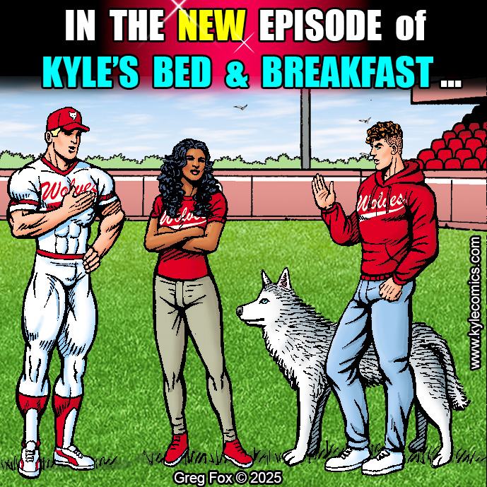 It was all fun at the ballfield… until one announcement changed everything. ⚾🐾 👉 ! See it all in the new episode of Kyle's B&amp;B!!!🐺kylecomics.com  ⚾️ #KylesBnB #Webcomic #ComicStrip #ComicArt #IndieComics #LGBTQComics #QueerComics #GayComics #LGBTQStories #QueerArt