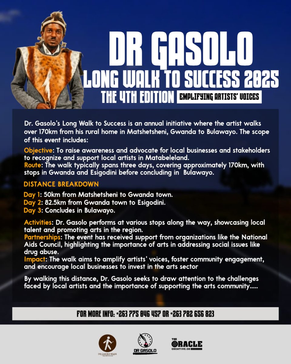 Let's keep counting down and building momentum for Dr Gasolo's epic walk from Matshetsheni to Bulawayo 🚶🏿‍♂️

#DrGasoloLongWalkToSuccess #The4thEdition #MatshetsheniToBulawayo #29DaysToGo