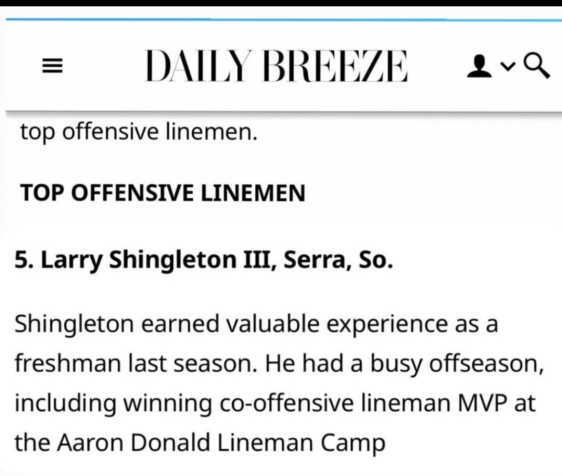 Appreciative and honored for The Daily Breeze to include my name in the top 10 offensive linemen to watch this year. As well as being the only #Sophmore to make the list. <a href="/CoachDMinor/">Coach Minor/Coach D</a> <a href="/Jwoull87/">Jackson Woullard</a> <a href="/Serra__Football/">Serra Football</a> #SFG