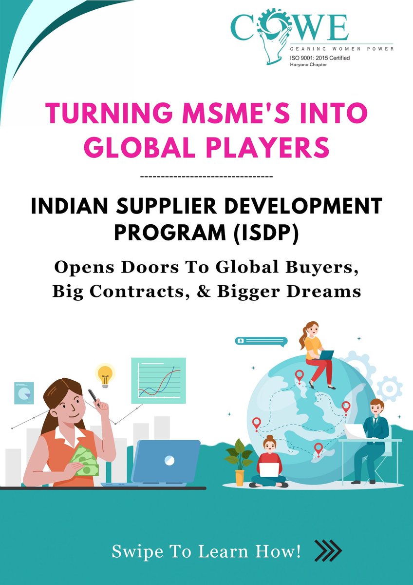 coweharyana's tweet image. Empowering MSMEs to Go Global
The Indian Supplier Development Program (ISDP) connects you with international buyers, bigger contracts, and limitless opportunities.
#isdp #msme #awareness #coweharyanachapter #COWEIndia #haryana #finance #business #COWEIndia