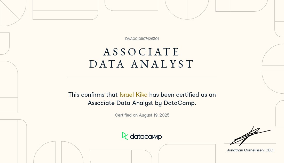 KikoIsrael77's tweet image. Just earned my Data Associate Certification from DataCamp and built up Intermediate SQL skills!
Excited to apply these in real-world data projects.
#DataAnalysis #SQL #DataSkills #ContinuousLearning #OpenToWork #UrgentMatters #urgenthiring