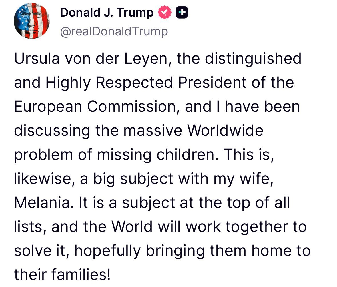 We are approaching mass awakening.

One of the big talking points today was Melania’s letter and the need to address all of the missing children in Ukraine and around the world.

Trump is starting to shed light on the subject that will unite humanity.

The missing children.