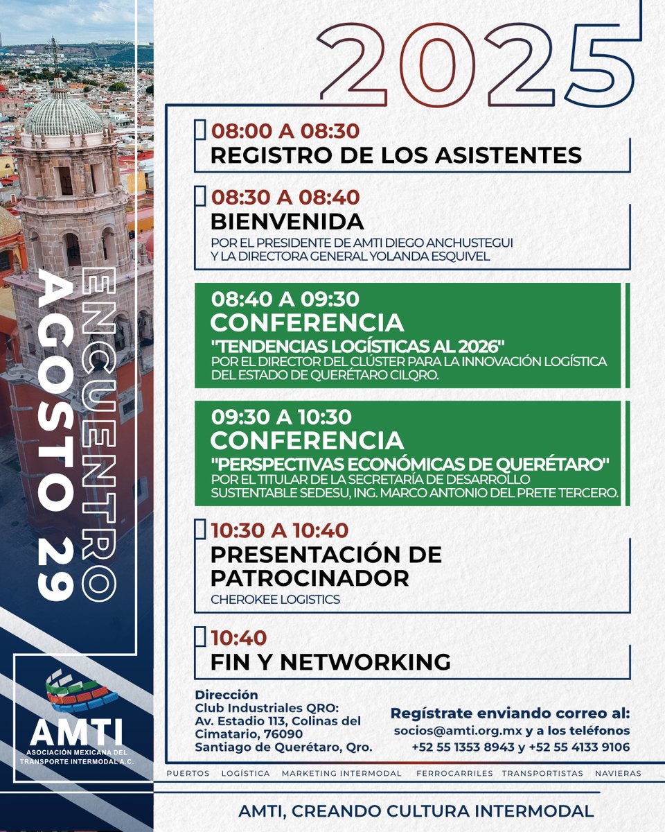 🚨 ¡El Encuentro Intermodal está a la vuelta de la esquina!  ¿Ya consultaste la agenda? 
¡Asegura tu lugar antes de que sea demasiado tarde!

📍 Club Industriales QRO
📧socios@amti.org.mx 
📞+52 55 1353 8943 &amp; +52 55 4133 9106 

#Encuentro #Intermodal #AMTI #networking #negocios