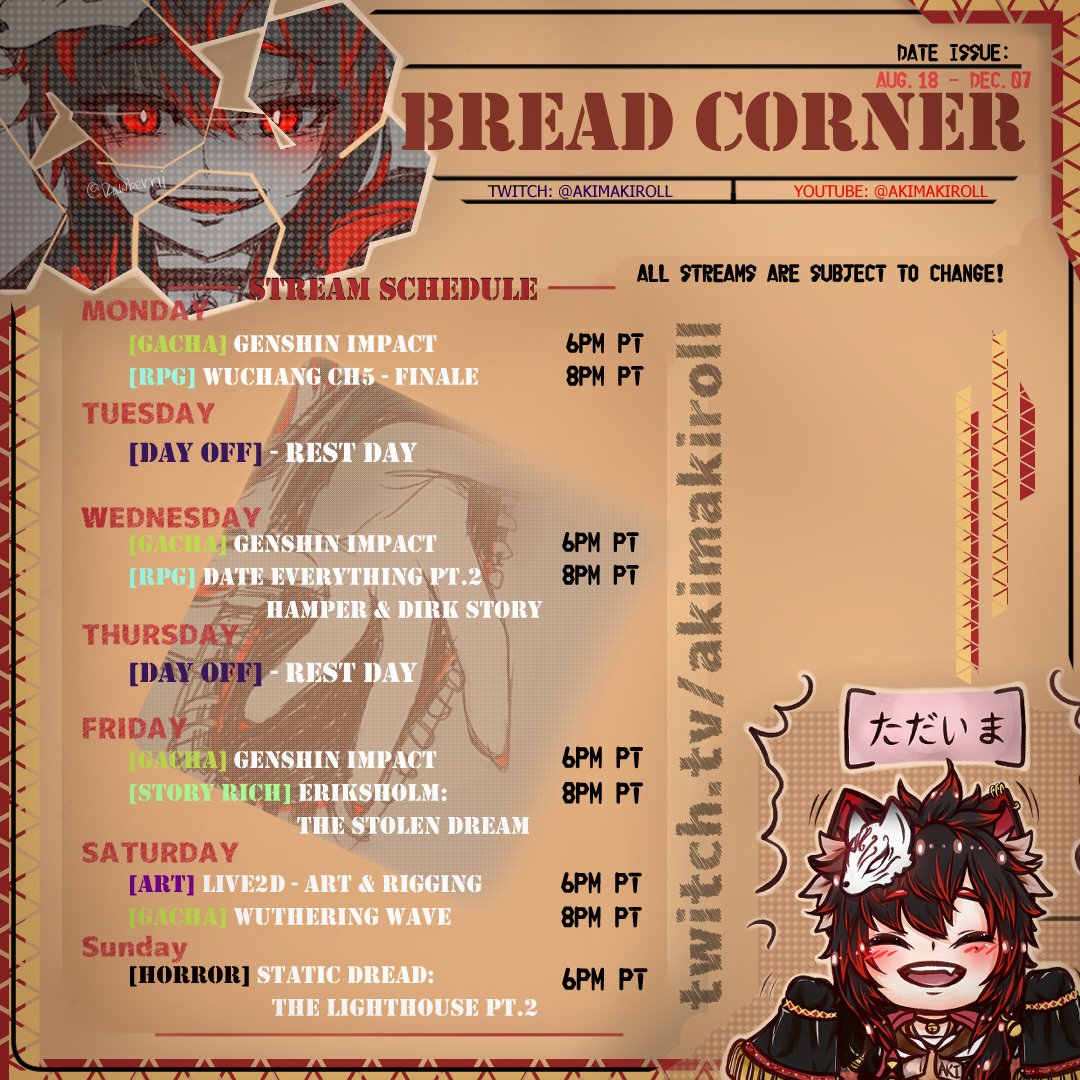 STREAM SCHEDULE FOR AUG 18 - 24.
Link: twitch.tv/akimakiroll
Link: youtube.com/@akimakiroll