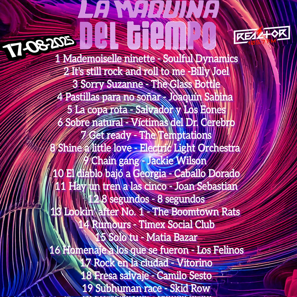 La Máquina del Tiempo de Reactor 105.7 FM (@lamaquina105) on Twitter photo Aquí les dejamos la lista de canciones que sonaron ayer en la emisión. <a href="/RockJinete/">Jinete Rock</a> <a href="/PacoMemoRock/">Paco Memo Rock</a> <a href="/elomar_ze/">Omar Salazar</a> Aquí les dejamos la lista de canciones que sonaron ayer en la emisión. <a href="/RockJinete/">Jinete Rock</a> <a href="/PacoMemoRock/">Paco Memo Rock</a> <a href="/elomar_ze/">Omar Salazar</a>