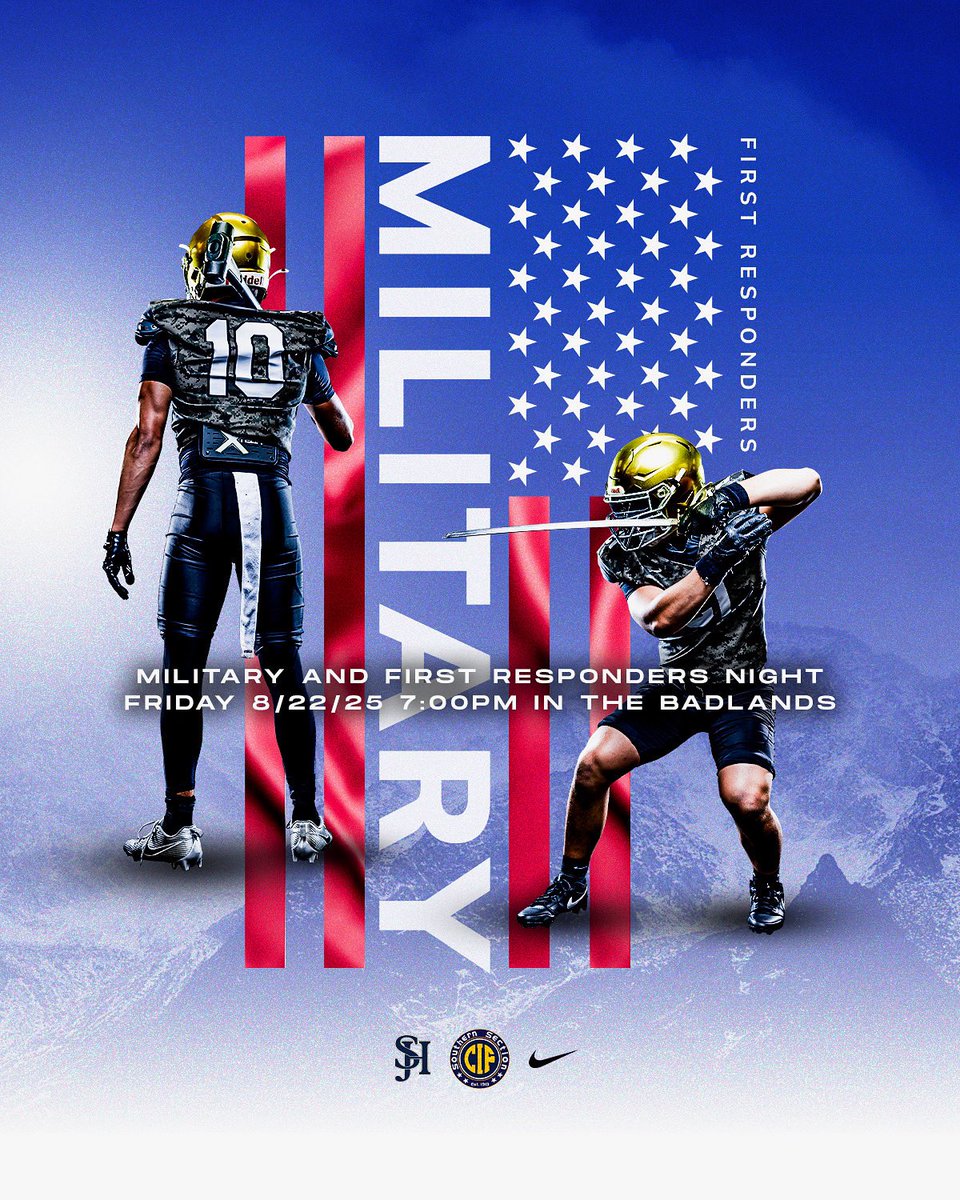 🔥FRIDAY NIGHT IN THE BADLANDS🔥

🇺🇸 Military &amp; First Responders Night 🇺🇸

Two of the top teams in the state ☑️

🐎 SJH (#6 OC, #19 CA, #16 LA TIMES) 
🆚
🐆Chaparral (#13 CA, #19 LA TIMES)

it doesn’t get any better than this 🎬

#NoBetterPlace 🐎
#BuiltAtTheBadlands 🏟️