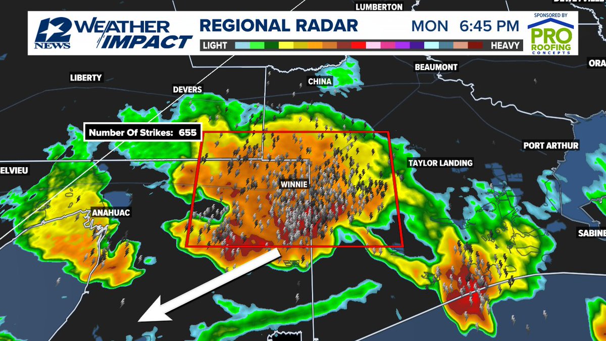 Strong storm over East Chambers &amp; SW Jefferson Co around Winnie continues moving west-southwest at 15 mph with frequent lightning (655 strikes within the red box in the past 15 minutes), 3-4 inch/hour rainfall rates, wind gusts to 40 mph and small hail.  12NewsNow.com/radar