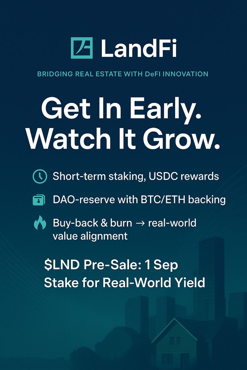 I’m dropping this early because being early is like building your future before daylight. Meet LandFi ($LND)—a DeFi protocol that stakes into real-world assets for real yield, short-term staking with USDC returns, and a DAO treasury fortified by BTC/ETH.
<a href="/LandFi_io/">LandFi</a> $LND #RWA