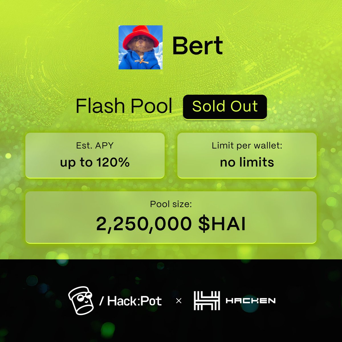 🚨 New Flash Pool from <a href="/bertcoincto/">Bert 🧸 🐶</a> Sold out!
🔒 27-days lock period
📷 up to 130% APY
💰 No wallet limits!