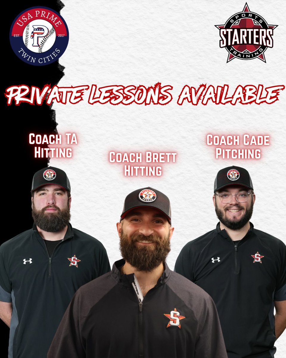 Get your work in with one of our coaches! 💪 Check out our coaches availability and schedule a lesson that works for YOU!💥

🔗: starterssportstraining.com/lessons
.
.
.
.
#OurPassionYourDevelopment #AllGasNoBrakes #DevelopmentStartsHere #OurFocusYourGoals #usaprimebaseball #usaprimetc