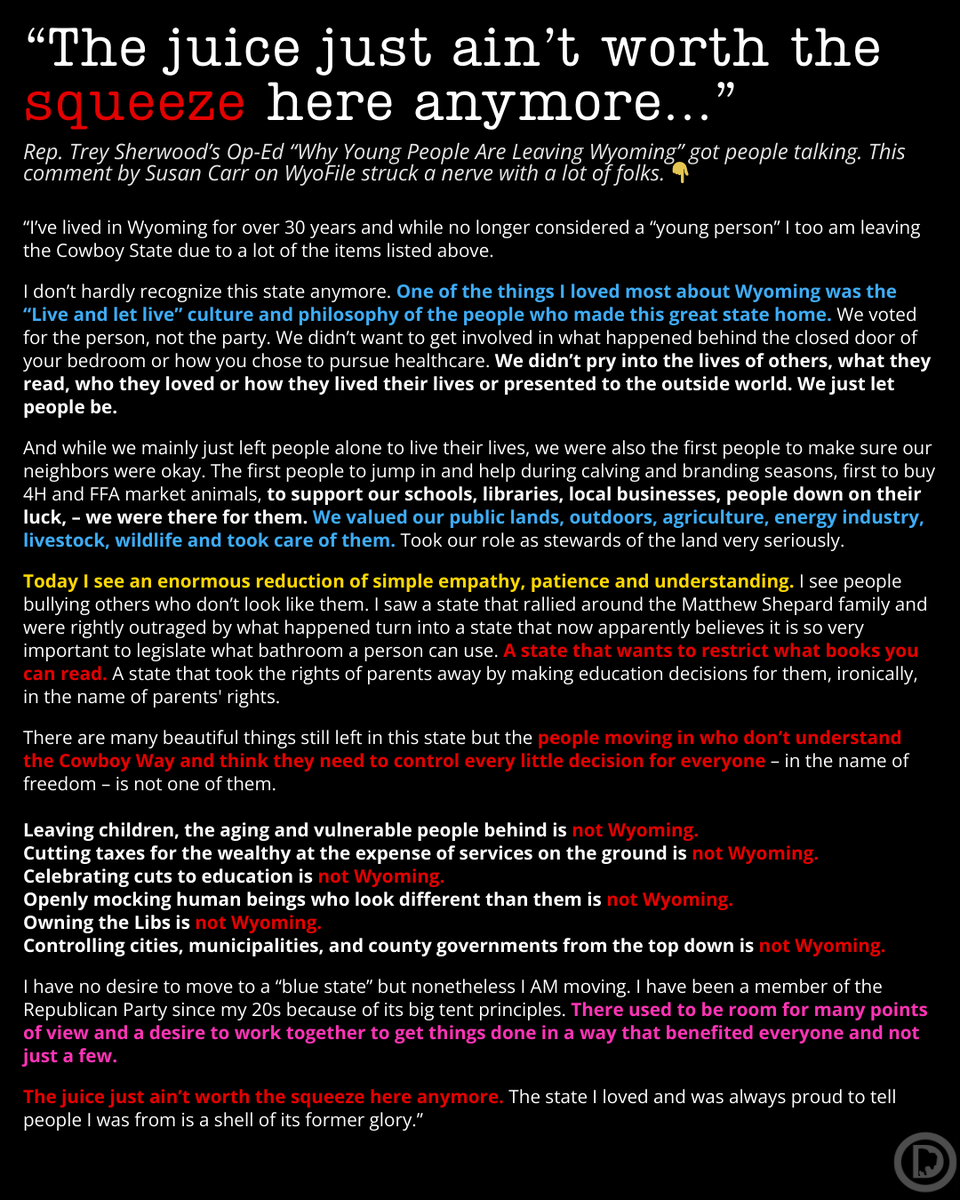 When Rep. Trey Sherwood asked "Why Are Young People Leaving Wyoming?" folks had plenty to say! This comment hits hard... What do you think?

wyofile.com/why-are-young-…