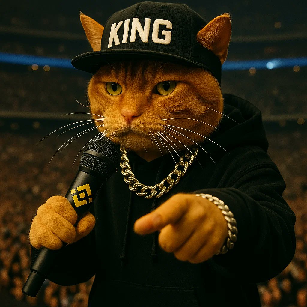 Meme cat rapping with BNB mic, referencing C.R.E.A.M in response to CASH+ launch