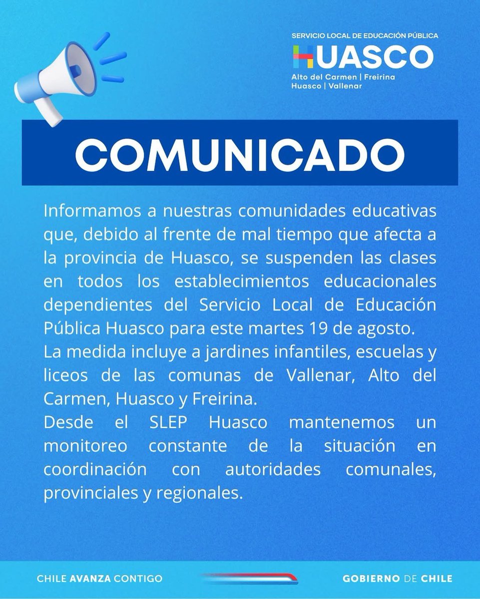 🚨🌧️ #URGENTE El SLEP Huasco informó que este martes 19 de agosto se suspenden las clases en todos los establecimientos educacionales de  #Vallenar, #AltodelCarmen, #Huasco y #Freirina, debido a la lluvia que afecta la zona.

<a href="/RedGeoChile/">Red Geocientífica de Chile</a> <a href="/reddeemergencia/">Red de Emergencia ONG</a> <a href="/Sepulinares/">Alejandro Sepúlveda Jara</a>