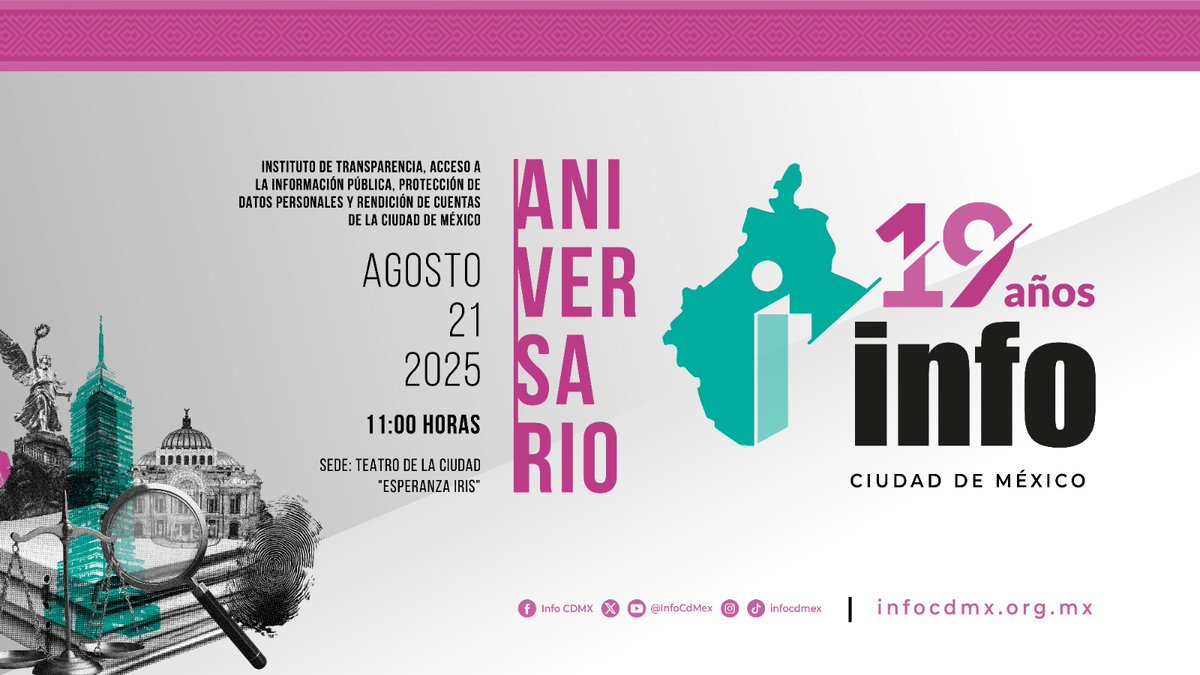 lauraenriquezr's tweet photo. ¡Ya es mañana! La celebración de 19 años impulsando la transparencia y la protección de datos personales en la #CDMX. 🔐
Tenemos una cita a las 11:00 hrs en el Teatro de la Ciudad Esperanza Iris para celebrar juntos al @InfoCdMex.
¡Tu participación hace posible esta historia! https://t.co/2JHl0BB7Lv