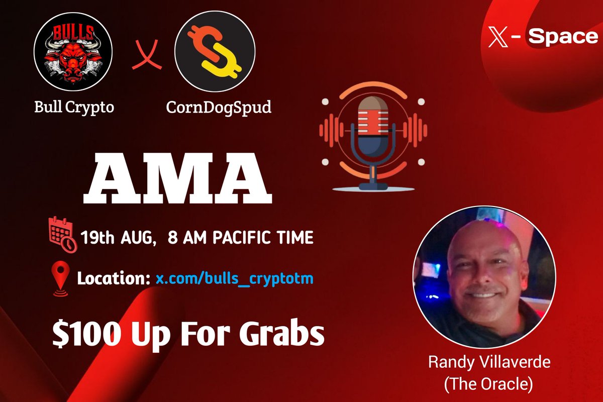 We are very happy to invite you to ask any questions about #CornDogSpud ! The Bulls Crypto team is looking forward to seeing you there!

🗓️ Date and Time : 19th August, 8 AM PACIFIC TIME

💵 Prize Pool: $100

📍Join Space: x.com/i/spaces/1gqxv…