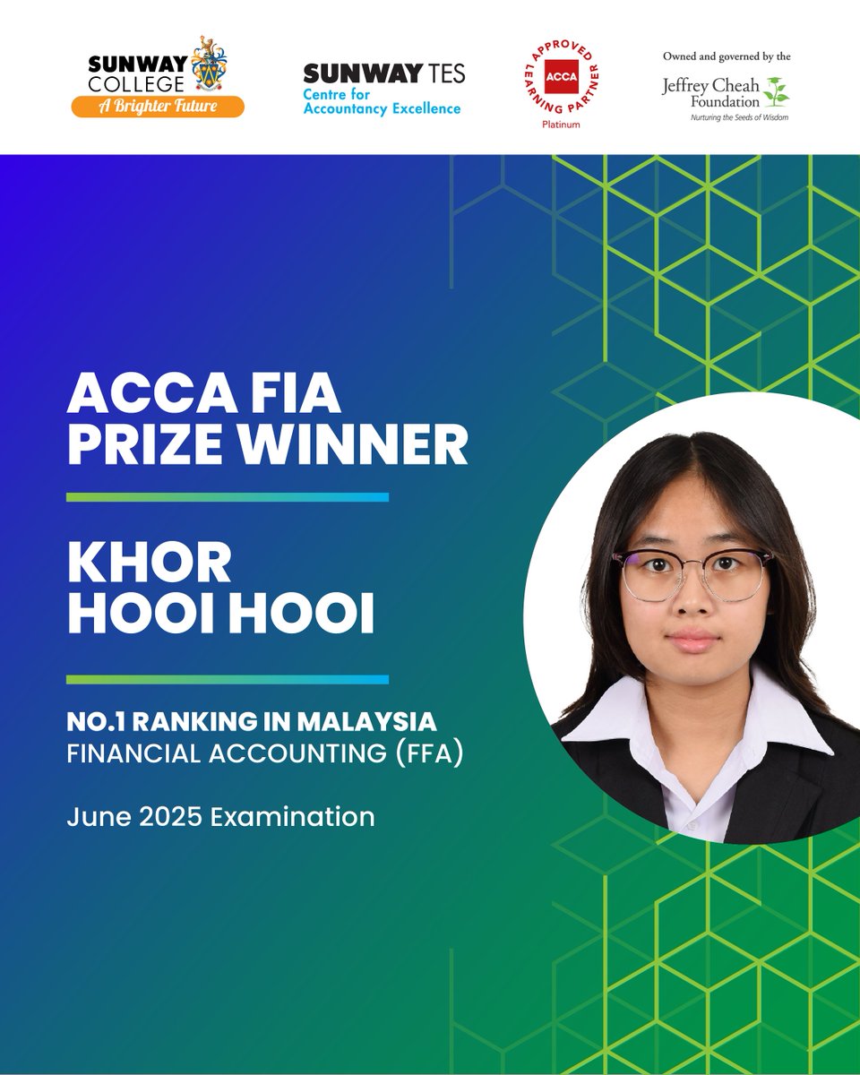 Huge congratulations to Khor Hooi Hooi for achieving #1 in Malaysia for the Financial Accounting (FFA) paper in the #ACCA FIA June 2025 examination!

#SunwayTESCAE
