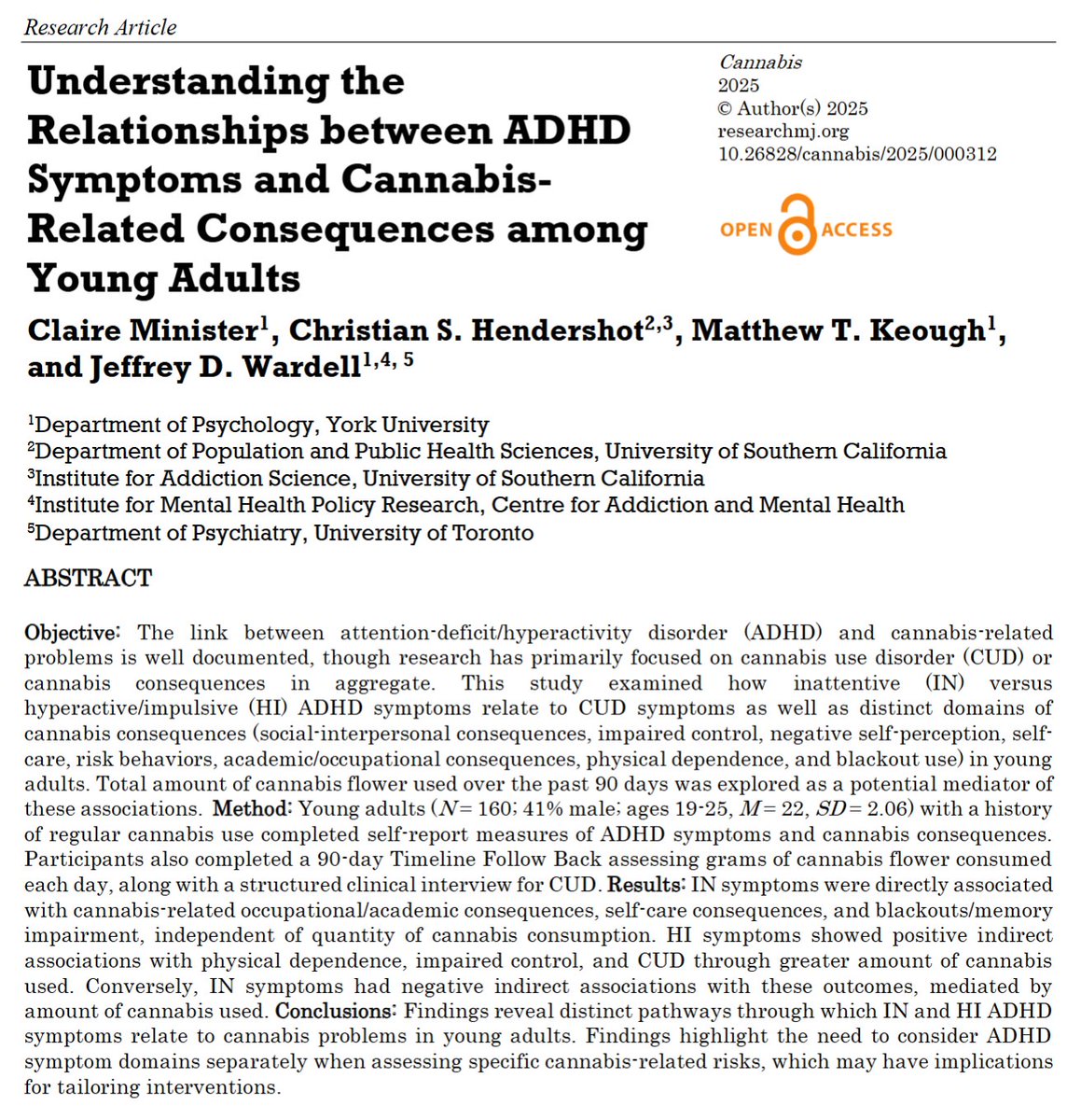 RSMj (@researchmj) on Twitter photo New Cannabis paper out today from <a href="/YorkUniversity/">York University</a>, <a href="/IASatUSC/">Institute for Addiction Science at USC</a>, and <a href="/UofT/">University of Toronto</a> researchers. Understanding the Relationships between #ADHD Symptoms and Cannabis-Related Consequences among Young Adults.
publications.sciences.ucf.edu/cannabis/index… New Cannabis paper out today from <a href="/YorkUniversity/">York University</a>, <a href="/IASatUSC/">Institute for Addiction Science at USC</a>, and <a href="/UofT/">University of Toronto</a> researchers. Understanding the Relationships between #ADHD Symptoms and Cannabis-Related Consequences among Young Adults.
publications.sciences.ucf.edu/cannabis/index…