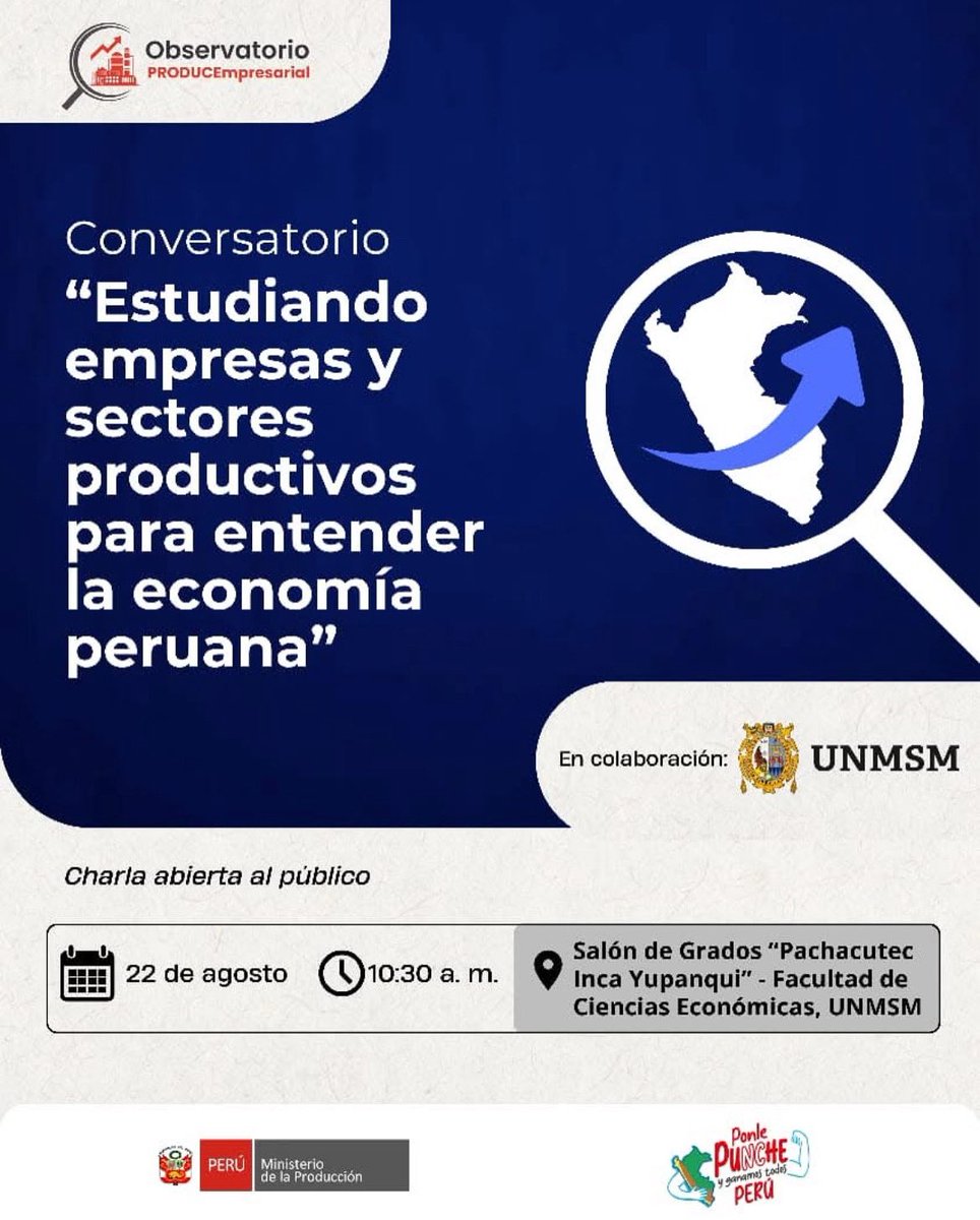 Lourdes Alvarez (@loualvarezc) on Twitter photo 📊 Este 22 de agosto participa en el conversatorio “Estudiando empresas y sectores productivos”. Descubre, con datos y análisis, cómo se mueve la economía peruana 🇵🇪.
✅ Regístrate aquí 👉 tinyurl.com/2m28adke
<a href="/CIESLimaPeru/">CIES Investigación</a> <a href="/UNMSM_/">Universidad Nacional Mayor de San Marcos</a> <a href="/MINPRODUCCION/">Ministerio de la Producción</a> 📊 Este 22 de agosto participa en el conversatorio “Estudiando empresas y sectores productivos”. Descubre, con datos y análisis, cómo se mueve la economía peruana 🇵🇪.
✅ Regístrate aquí 👉 tinyurl.com/2m28adke
<a href="/CIESLimaPeru/">CIES Investigación</a> <a href="/UNMSM_/">Universidad Nacional Mayor de San Marcos</a> <a href="/MINPRODUCCION/">Ministerio de la Producción</a>