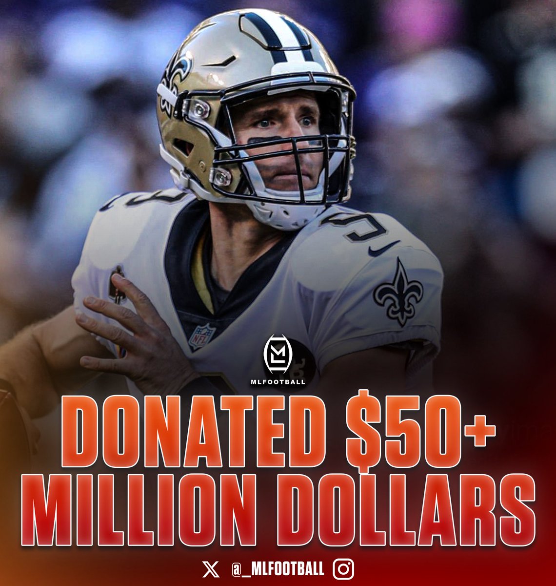 HEARTWARMING: Legendary #NFL QB Drew Brees has reportedly donated over 50 MILLION DOLLARS to charity already.

Brees specifically has donated over $20M to cancer research, helping sick children, and helping people dying of cancer; improving their quality of life.

A class act👏❤️