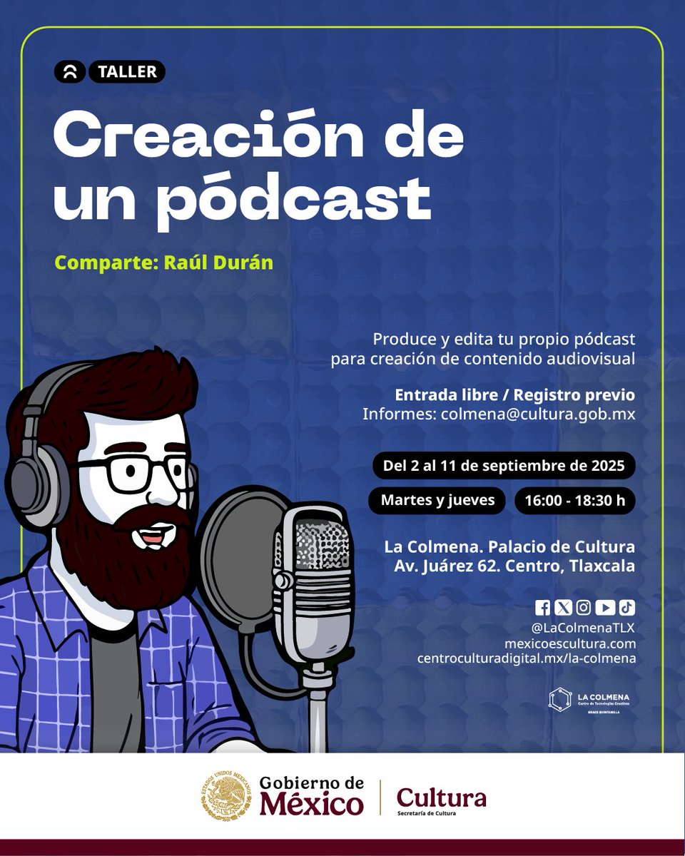 ¿Te gustaría iniciar tu propio pódcast pero no sabes qué herramientas usar?

Con herramientas accesibles, trabajaremos con la voz, la música y los efectos sonoros para realizar una pieza breve que refleje nuestras ideas.

+Info:
centroculturadigital.mx/actividad/crea…
