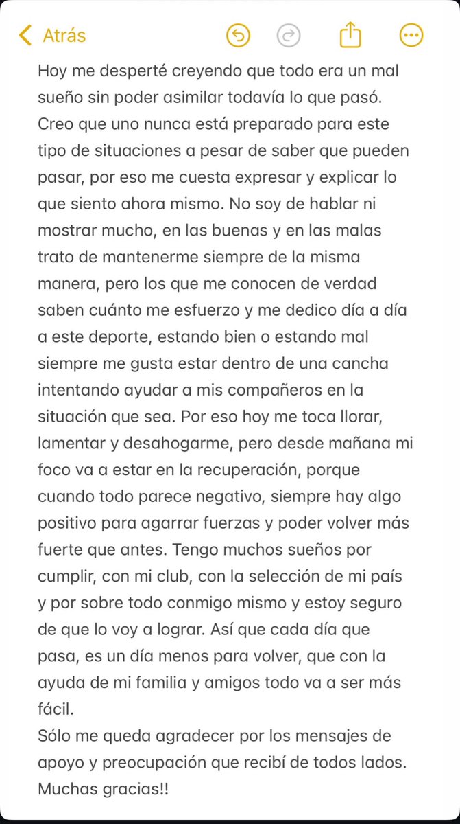 Carta de Mathias Villasanti tras su lesión . 

Fuerzaaaa Mathiii, vas a volver más fuerte que nunca.