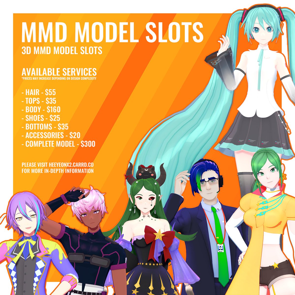 HeeyeonX2_'s tweet photo. ✨MMD model slots available✨

I have decided to open some modeling slots~

You will be able to find all the information you need on my carrd: https://t.co/tjsx2aNCRi

Please do not hesitate to DM me if interested!

#mmd https://t.co/AjDzkIXbCl