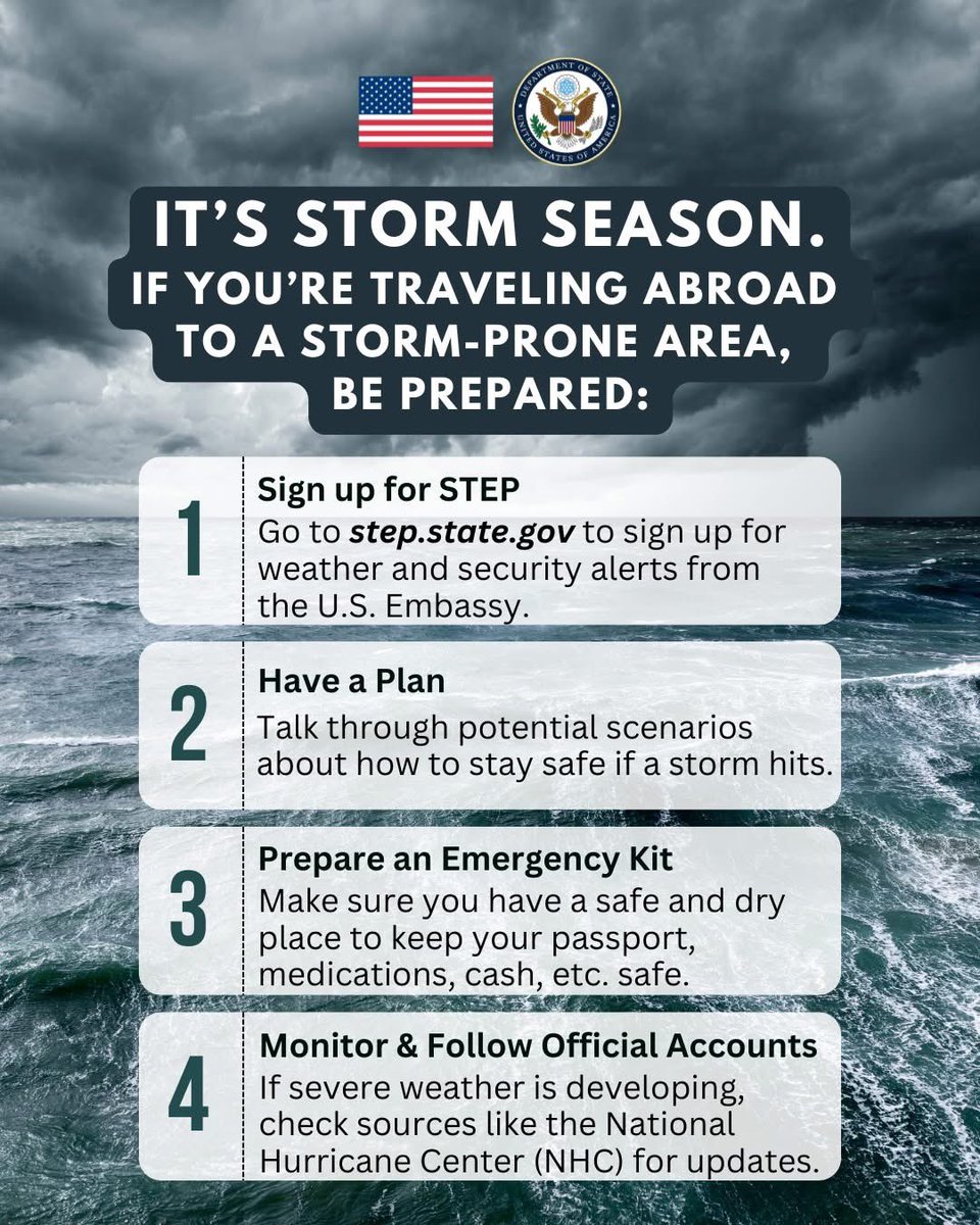 Reminder – Storm season runs through the end of November. If you’re traveling overseas to a storm-prone area this time of year, make sure you have a plan. U.S. citizens, register at step.state.gov to receive weather alerts from the nearest U.S. embassy or consulate while