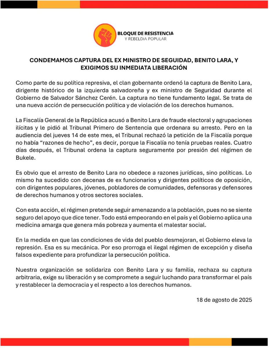 Solidaridad con los presos políticos y las capturas arbitrarias.
Exigimos la libertad de Benito Lara y de todas las personas presas políticas.