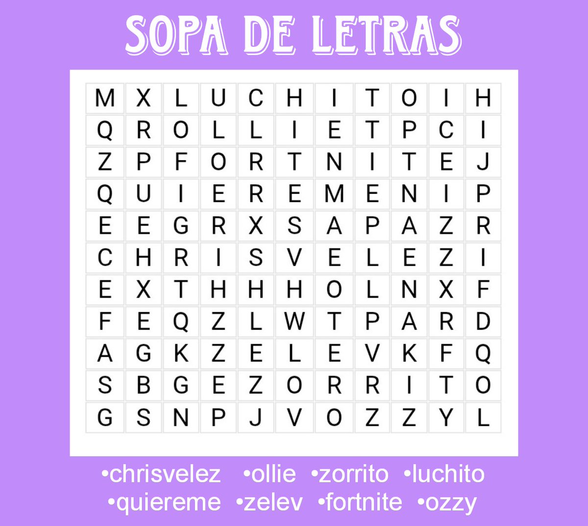 SOPA DE LETRAS 

Comenta  cuando las encuentres 
( No olvides usar los hashtags )
<a href="/christophervele/">Christopher Velez 🔺</a> <a href="/PremiosJuventud/">Premios Juventud</a>
#PremiosJuventud #QUIEREME #ChrisVelezEnPJ