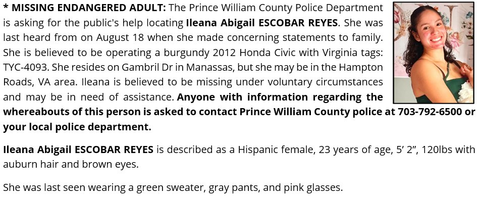 PWCPolice's tweet image. *Missing #ENDANGERED ADULT: #Manassas | Ileana Escobar Reyes, age 23, Hispanic female, 5’02”, 120lbs with auburn hair and brown eyes. Drives a burgundy Honda Civic with VA Tag: TYC-4093 and may be in #HamptonRoads, VA. Call police if you have seen this #MissingPerson. More info: