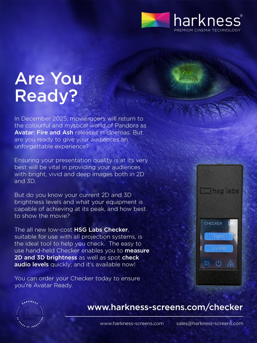 🎥 Pandora is coming back this Dec 2025 with Avatar: Fire and Ash.

Harkness wants to know — is your cinema #AvatarReady?

💡 Check 2D/3D brightness &amp; sound with the new HSG Labs Checker.

harkness-screens.com/checker