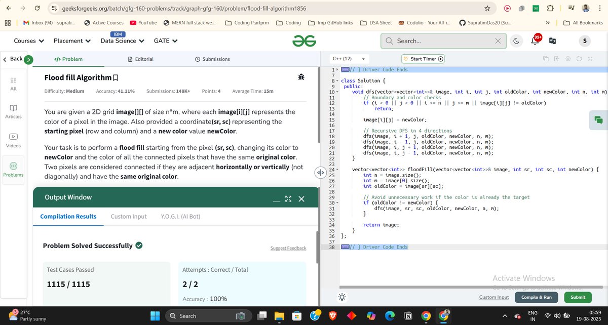 supratimdaswork's tweet image. Day 149 of #gfg160 series @geeksforgeeks :
Topic: Graph.
Question: Flood fill Algorithm.
#geekstreak2025 #GeeksforGeeks #CodingChallenge #CodingJourney #DSA #algorithms #160daysofcoding #connect #POTD