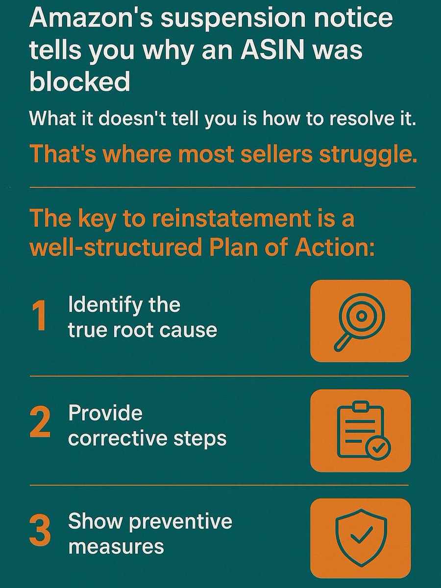 InshaFBA's tweet photo. Suspended ASIN? Here’s the formula: Identify → Correct → Prevent.
#ASINReinstatement #AmazonSeller #EcommerceTips https://t.co/L8RvUnNHdZ