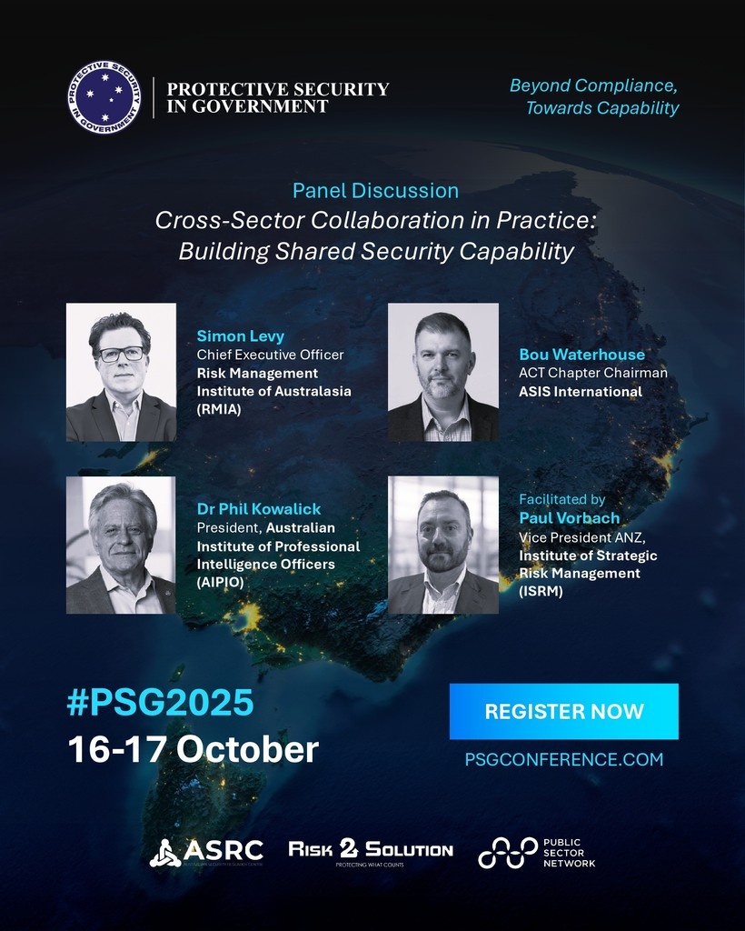 psgconference's tweet photo. 🎙️How do we build shared security capability across sectors?

At #PSGConference2025, join Simon Levy, Bou Waterhouse &amp; Dr Phil Kowalick facilitated by Paul Vorbach for a powerful panel.

🎟️ Register: https://t.co/aku0ZYzsH8

#ProtectiveSecurity #Leadership #AUKUS https://t.co/D0RoyooghJ
