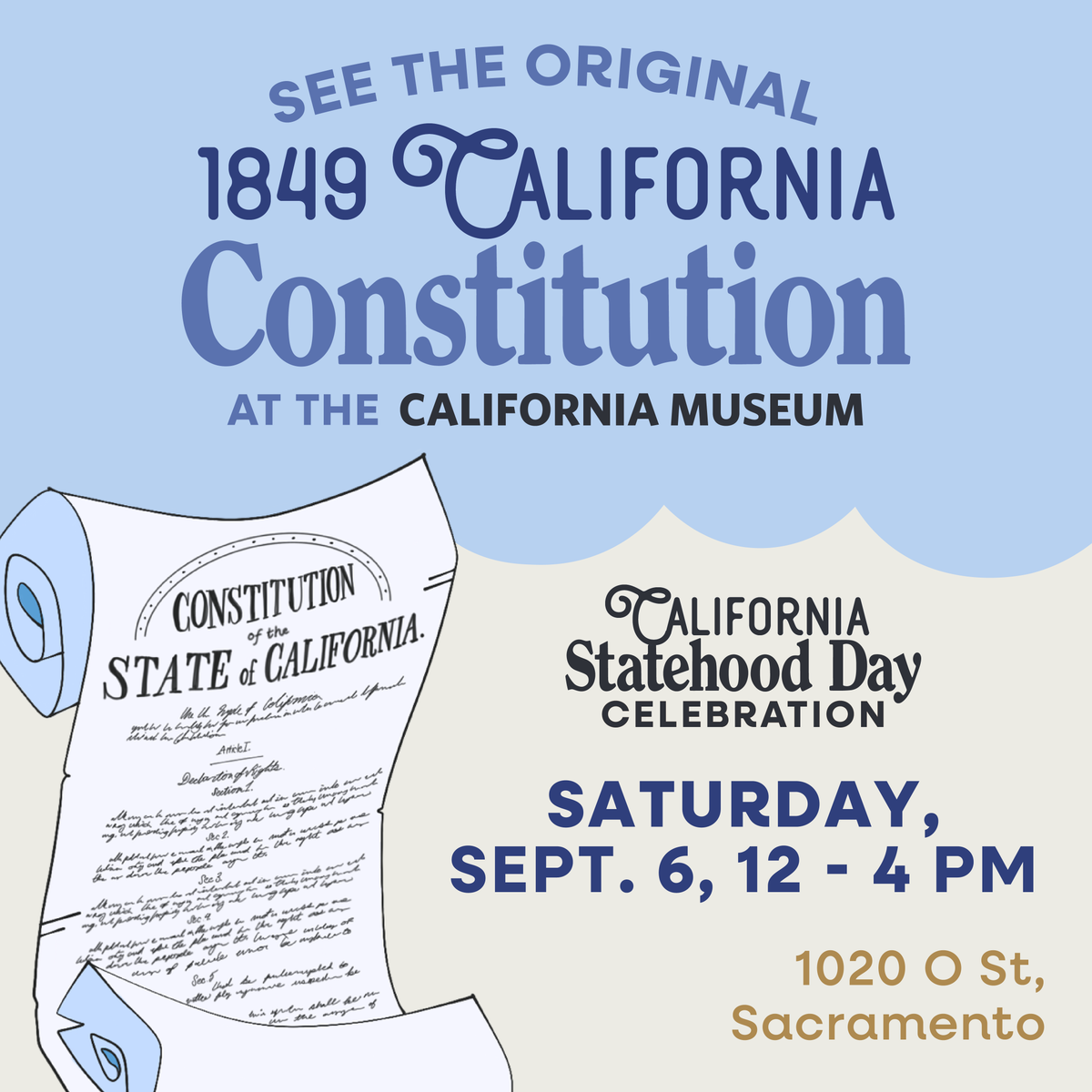 Did you know California’s original constitution was written in English &amp; Spanish to reflect the state’s early multicultural roots? 📜

See this historic document on view at our FREE Statehood Celebration on Sept. 6 from 12–4 pm!

Reserve your ticket via the link in bio. 🎂🐻