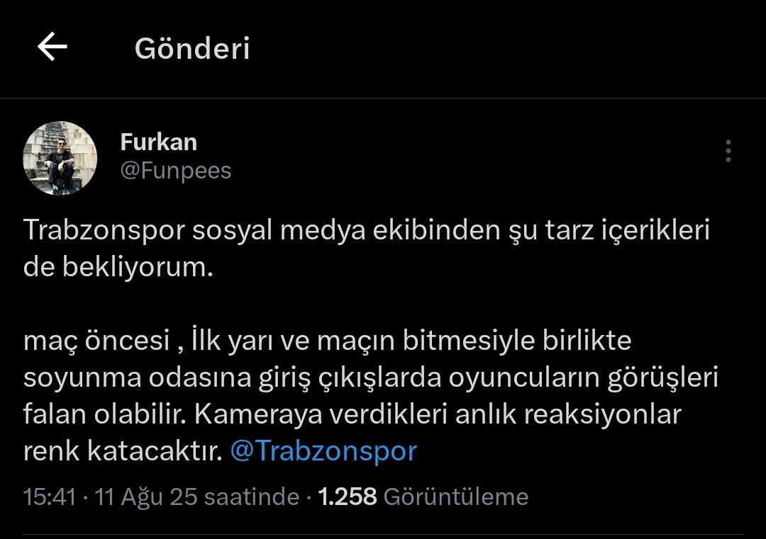 Furkan (@funpees) on Twitter photo Dediğim içeriği <a href="/Trabzonspor/">Trabzonspor</a> üretmemişte olsa yayıncı kuruluş'un ekrana getirdiği reaksiyon gerçekten çok iyi.
<a href="/Trabzonspor/">Trabzonspor</a> lütfen sadece yayıncı kuruluş değil sizlerde bu işe el atın. Maça gidemeyen taraftarı sosyal medyada maça gitmiş gibi anlar yaşatın.
Lütfen, yaparsınız. Dediğim içeriği <a href="/Trabzonspor/">Trabzonspor</a> üretmemişte olsa yayıncı kuruluş'un ekrana getirdiği reaksiyon gerçekten çok iyi.
<a href="/Trabzonspor/">Trabzonspor</a> lütfen sadece yayıncı kuruluş değil sizlerde bu işe el atın. Maça gidemeyen taraftarı sosyal medyada maça gitmiş gibi anlar yaşatın.
Lütfen, yaparsınız.