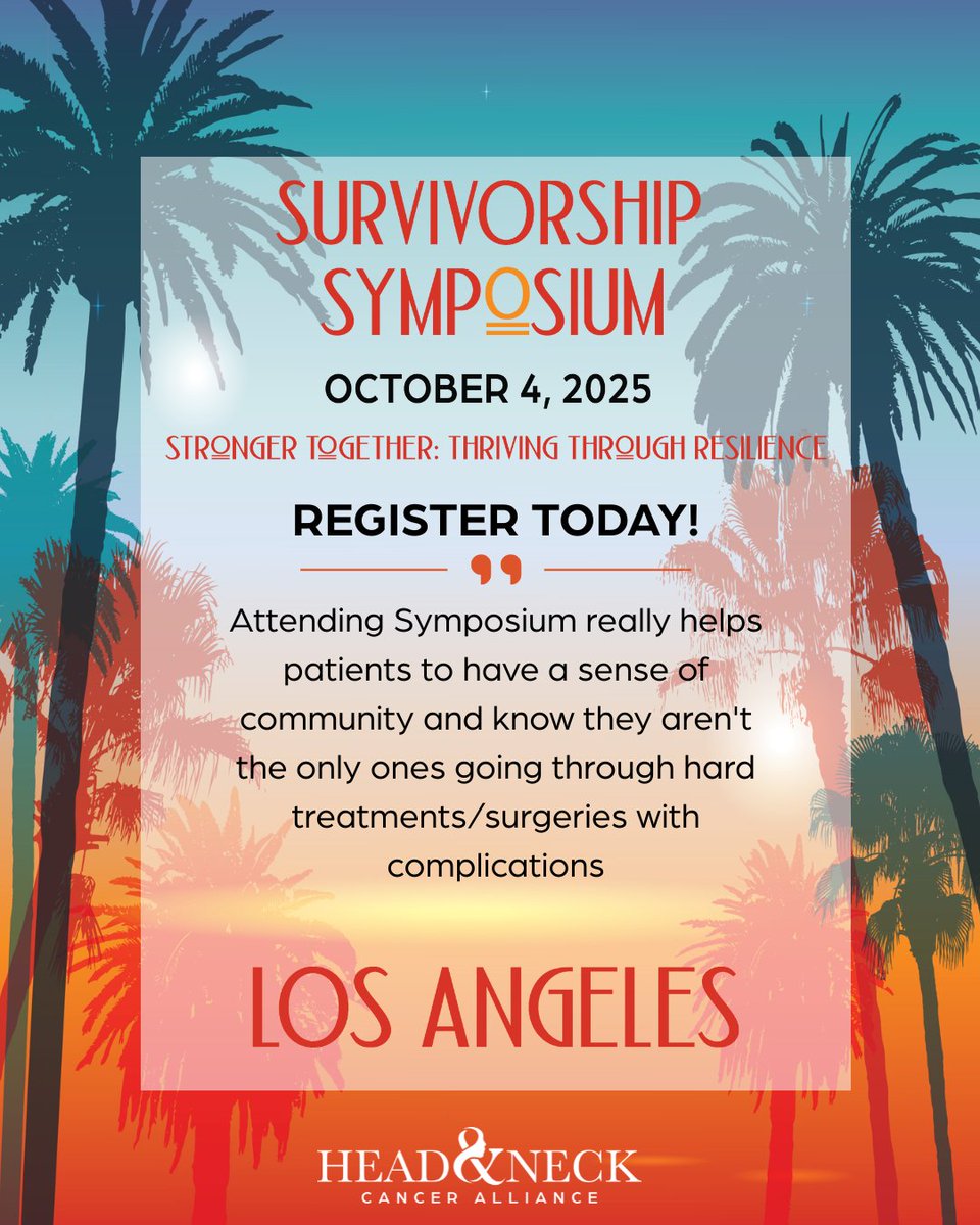 Join us in Los Angeles on October 4 for the Head and Neck Cancer Survivorship Symposium! Meet fellow patients, survivors, and caregivers while hearing from top experts.  Prefer to watch from home? You can join online too! Register now – it’s free!
headandneck.org/symposium/