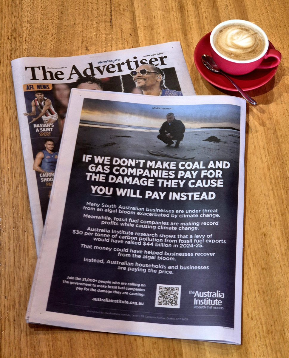 Noah Schultz-Byard (@noah_sbyard) on Twitter photo SA communities and businesses shouldn’t be forced to bear the costs of climate disasters, such as the algal bloom. Coal and gas companies should pay for the harm they cause, otherwise we all foot the bill.
Check out <a href="/TheAusInstitute/">Australia Institute</a> ad in <a href="/theTiser/">The Advertiser</a> today! SA communities and businesses shouldn’t be forced to bear the costs of climate disasters, such as the algal bloom. Coal and gas companies should pay for the harm they cause, otherwise we all foot the bill.
Check out <a href="/TheAusInstitute/">Australia Institute</a> ad in <a href="/theTiser/">The Advertiser</a> today!