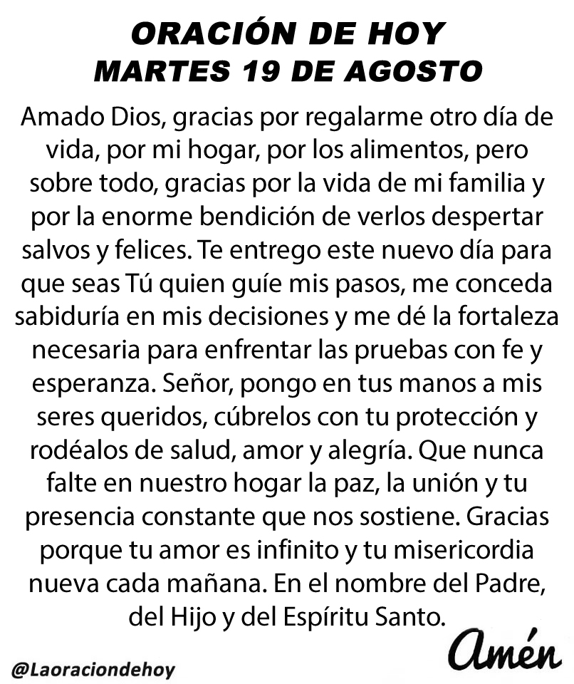 laoraciondehoy's tweet image. Oración diaria para hoy martes 19 de agosto de 2025.