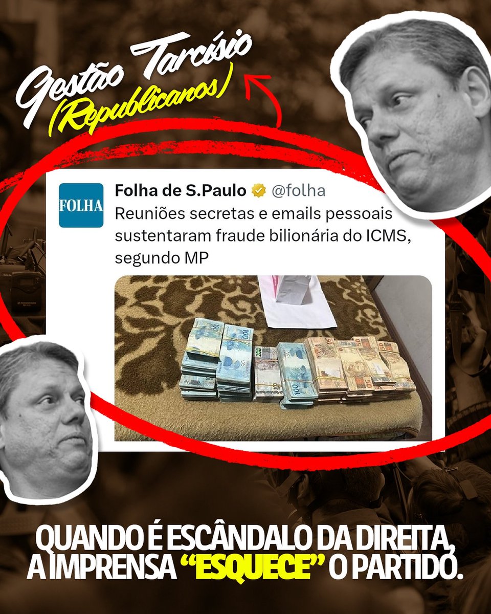 PROPINÃO DO TARCÍSIO

Foi revelado um dos maiores esquemas de corrupção da nossa história, mas curioso como a imprensa parece ter 'esquecido' quem é o atual governador de São Paulo e sua filiação partidária.