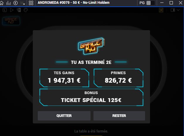 Je viens de finir 2ème de l’andromeida pour quasi 3k€ avec le ticket 125€ 💪🏼💰💶🤑

Letsgoooo 🔥🔥🔥🔥