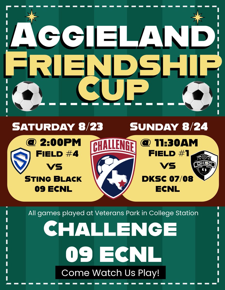Challenge 09 ECNL (@challenge09ecnl) on Twitter photo This weekend we are in College Station for the Aggieland Friendship Cup! Come see us play! <a href="/ImYouthSoccer/">ECNL/GA/Recruiting/College Soccer</a> #ECNLgirls #AggielandFriendshipCup This weekend we are in College Station for the Aggieland Friendship Cup! Come see us play! <a href="/ImYouthSoccer/">ECNL/GA/Recruiting/College Soccer</a> #ECNLgirls #AggielandFriendshipCup