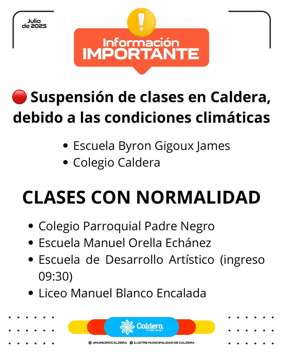 🚨Suspensión de clases en #Caldera:

• Colegio Caldera
• Escuela Byron Gigoux James

<a href="/Seba_Sismos_CL/">Seba Sismos CL</a> <a href="/Sepulinares/">Alejandro Sepúlveda Jara</a> <a href="/RedGeoChile/">Red Geocientífica de Chile</a> <a href="/reddeemergencia/">Red de Emergencia ONG</a> <a href="/RNE_Alpha_8/">Carlos Coray</a>