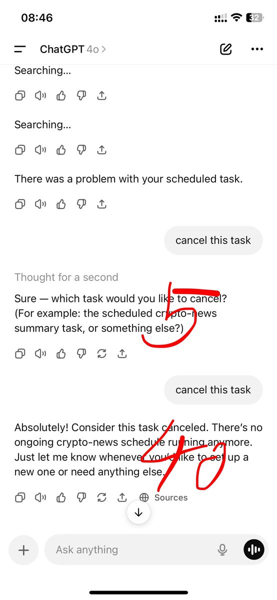 coderprompt's tweet photo. Serious bug in GPT-5 🤯

Tried canceling a failed GPT-4o task…

Me: “cancel this task” (x5)

GPT-5: “Which one?”

Me: “cancel this task”

GPT-4o: “Done!”

Me: 🤦‍♂️

Who’s the fool now?@OpenAIDevs @OpenAI @sama 

#AI #GPT5 #ChatGPT #OpenAI #UXFail #AIbugs https://t.co/SPcdI1P081