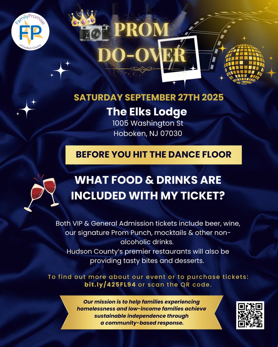 FP_Hudson's tweet photo. Your ticket = unlimited drinks 🍷🍹 (beer, wine, Prom Punch, mocktails) + bites &amp; desserts from Hudson County’s top spots! 🎉 Join us Sept 27 @ Elks Lodge, Hoboken for our Prom Do-Over 💃✨ Tix: https://t.co/HsB25FgCLK #FPHC #PromDoOver #HobokenNJ https://t.co/iOHuNGd9DX