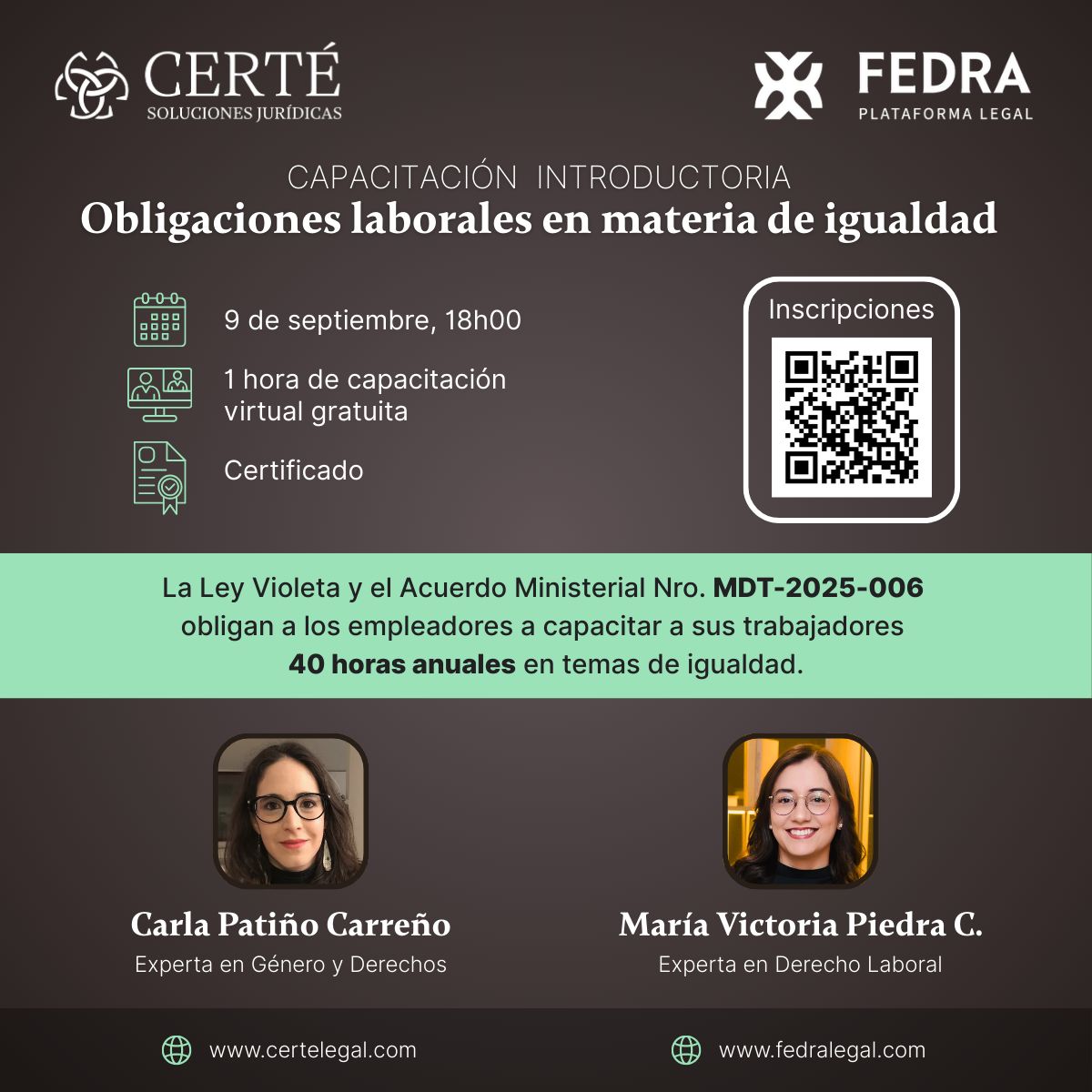 ¡Capacitación Gratuita!

Únete a nuestra capacitación gratuita dirigida a personal de RRHH y abogados, en la que trataremos las obligaciones laborales de los empleadores en materia de igualdad.

¡No se pierdan esta oportunidad!

Inscríbete aquí: forms.gle/ieSRsWE9GHRLF3…