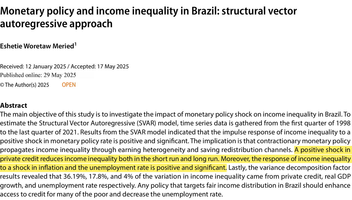 This study found that inflation increases income inequality in Brazil. Private credit is by far the most influential factor in the changes in income inequality, and more private credit reduces inequality.