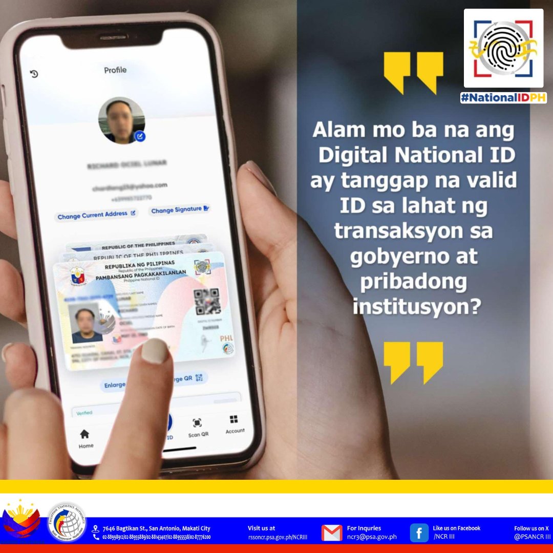 PSANCRIII's tweet image. ✅ DID YOU KNOW?

Ang iyong Digital National ID ay tanggap na bilang valid ID sa lahat ng transaksyon sa:
🏛️ Mga ahensya ng gobyerno
🏛️ Mga pribadong institusyon

Mas madali at mas mabilis — gamit lang ang iyong eGov PH App!

#NationalIDPH
#eGovPH
