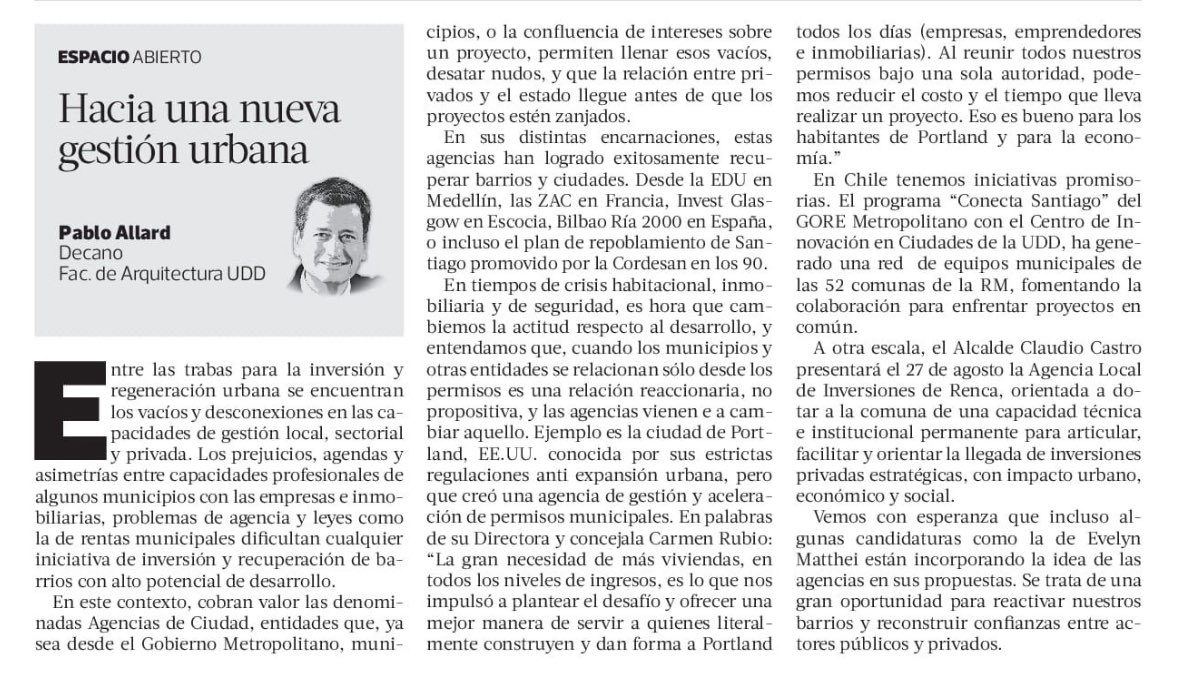 ¡Falta poco para la 1ra Agencia Local de Inversiones de 🇨🇱! Una apuesta de vanguardia en alianzas público-privadas para atraer nuevos servicios alineados con los intereses de nuestra comunidad.

Como dice <a href="/pallards/">Pablo Allard</a> en <a href="/latercera/">La Tercera</a>, administrar ciudades con 👀 de futuro es clave👇🏼